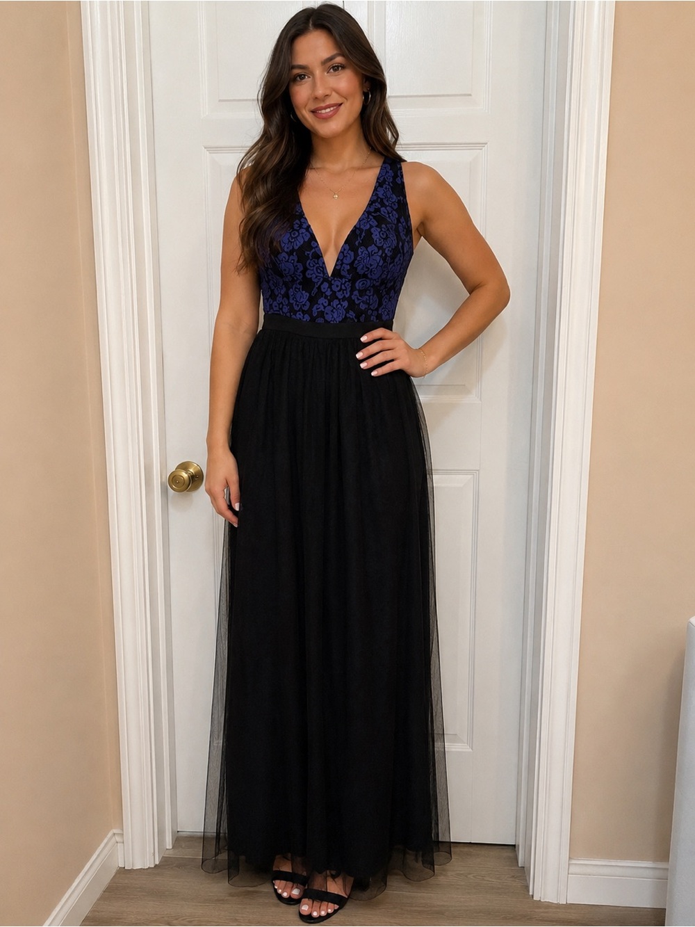 Windsor Black Tulle Maxi with Deep Blue Lace Bodice